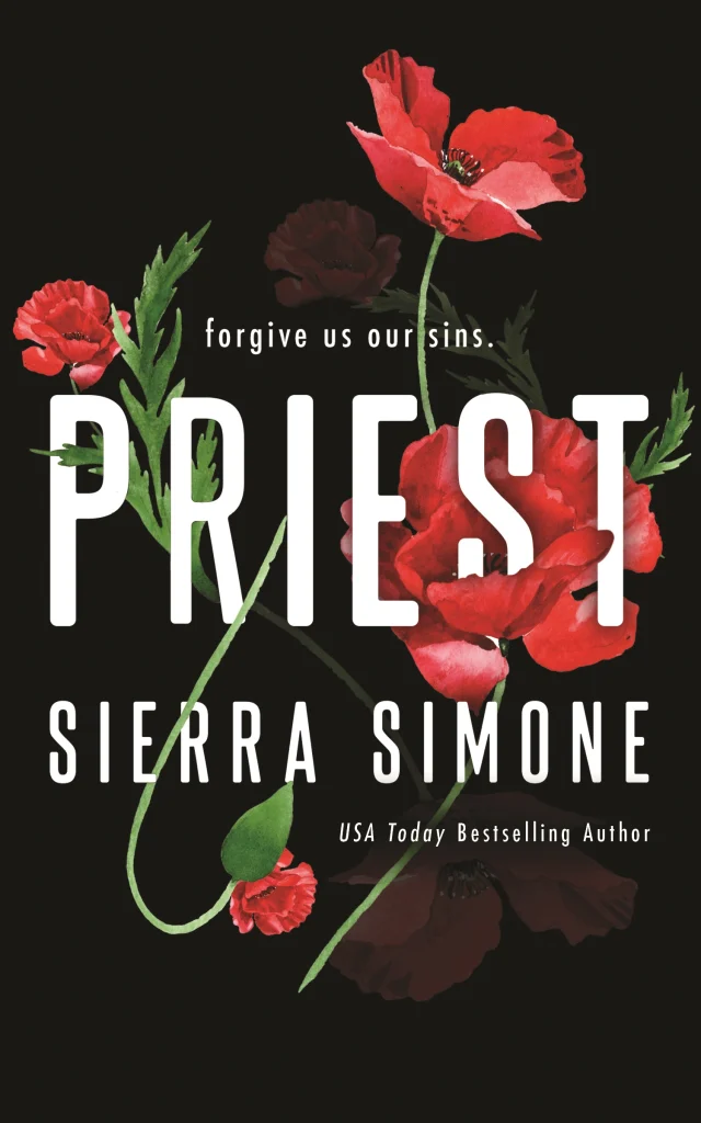 Cover of "Priest" by Sierra Simone, featuring a dark, moody design with a silhouette of a man in a clerical collar.
