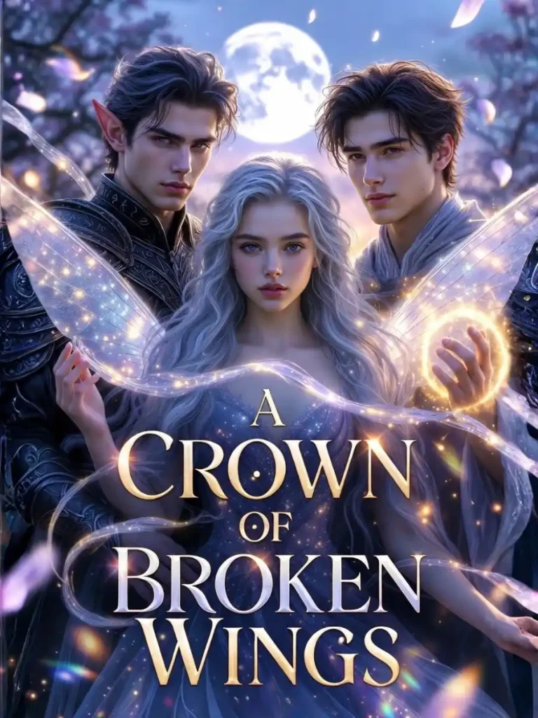 Fantasy book cover titled "A Crown of Broken Wings." Features a woman with long, silver hair and glowing wings, flanked by two men under a full moon. Enchanting, mystical atmosphere.