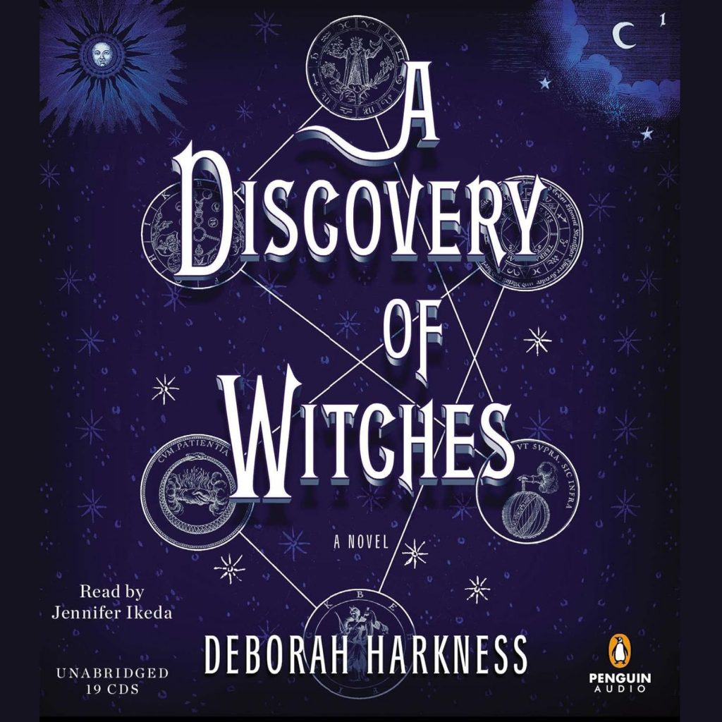 Dark blue audiobook cover for "A Discovery of Witches" by Deborah Harkness. White celestial symbols and lines surround the title, conveying a mystical, magical tone.