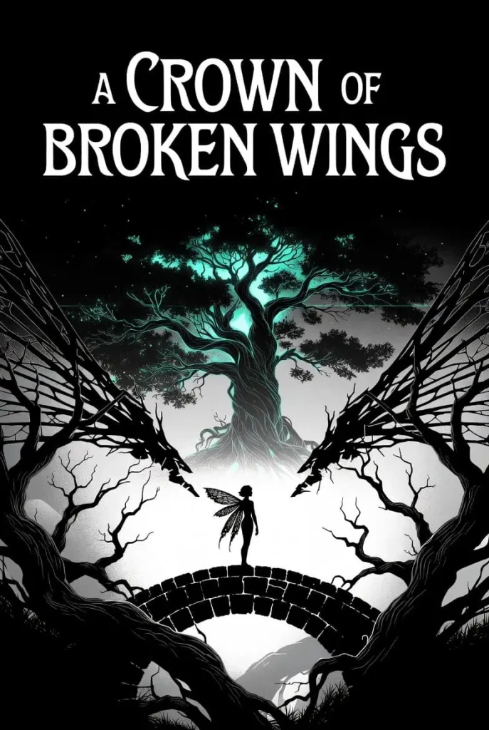 Silhouette of a fairy with broken wings stands on a stone bridge under a large, glowing tree. Ornate silhouettes of branches frame the scene. Mysterious and whimsical atmosphere.