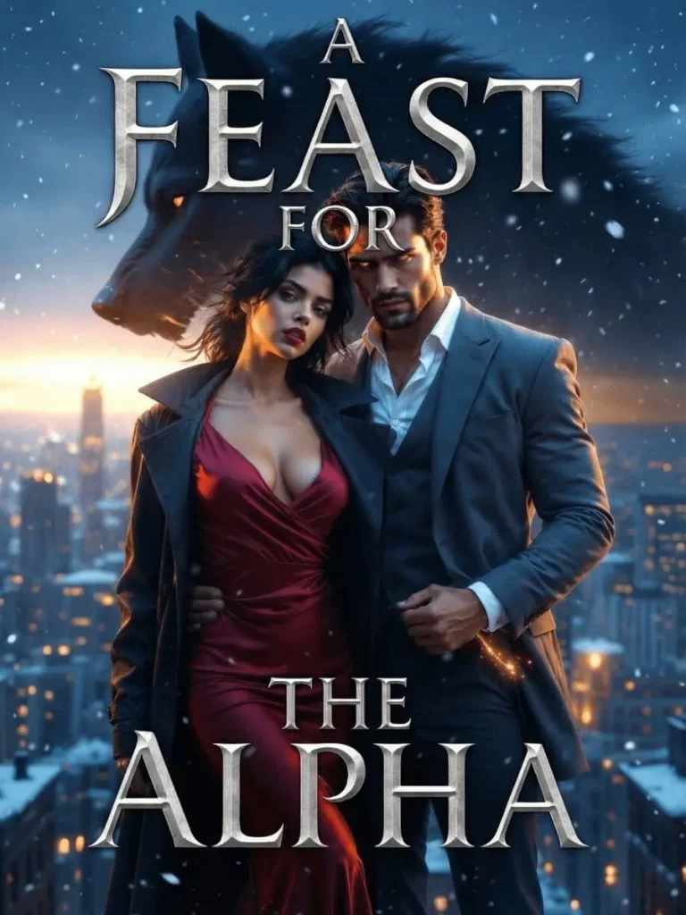 A couple stands confidently on a snowy rooftop at dusk, with a wolf's silhouette in the background. Their expressions are intense and determined. The scene feels dramatic and mysterious. Text reads "A Feast for the Alpha."