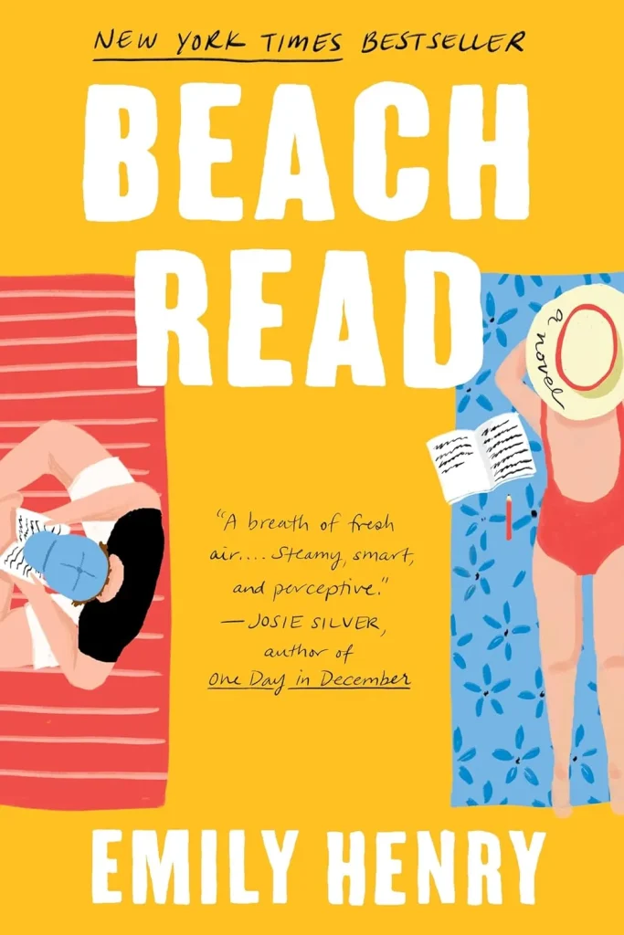 Cover of "Beach Read" by Emily Henry. Shows a man and woman lying on beach towels, reading. Bright, summery colors convey a relaxed, lighthearted tone.