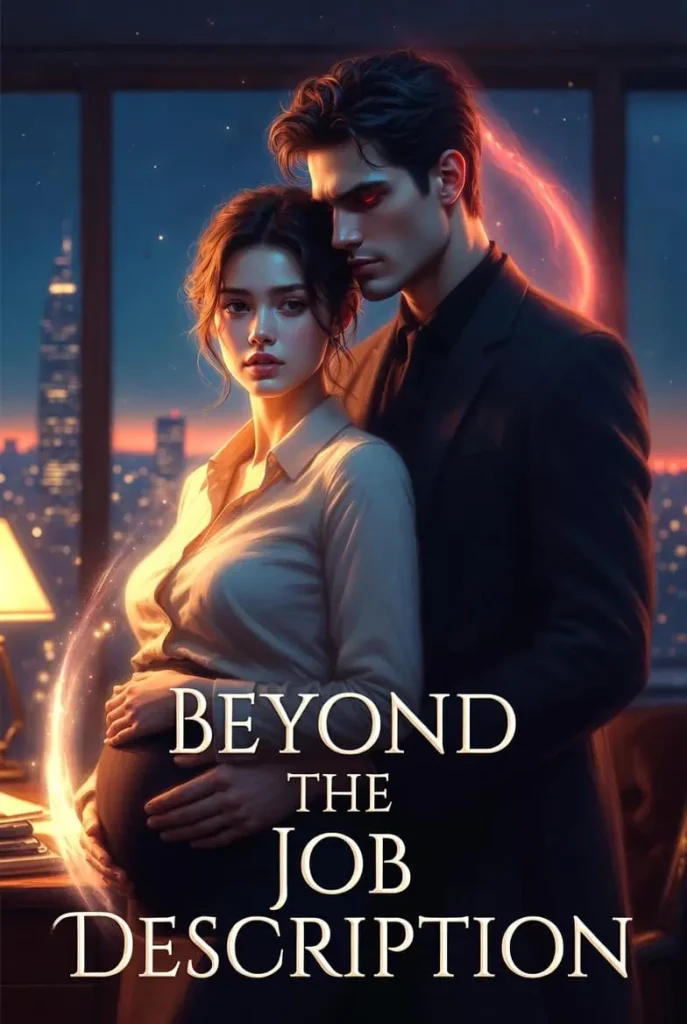 A couple stands by a window overlooking a cityscape at sunset. The woman, visibly pregnant, is embraced by a man in a suit. Text reads "Beyond the Job Description." The mood is intimate and contemplative.
