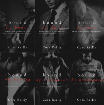 Collage of six moody black-and-white book covers from Cora Reilly's 'Bound' series, featuring close-ups of couples and tattooed men, conveying romance and tension.