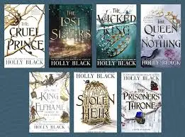Alt text: "A collection of seven book covers by Holly Black. Each cover features intricate fantasy-themed artwork, with titles like 'The Cruel Prince' and 'The Queen of Nothing,' creating a mystical, enchanting tone."