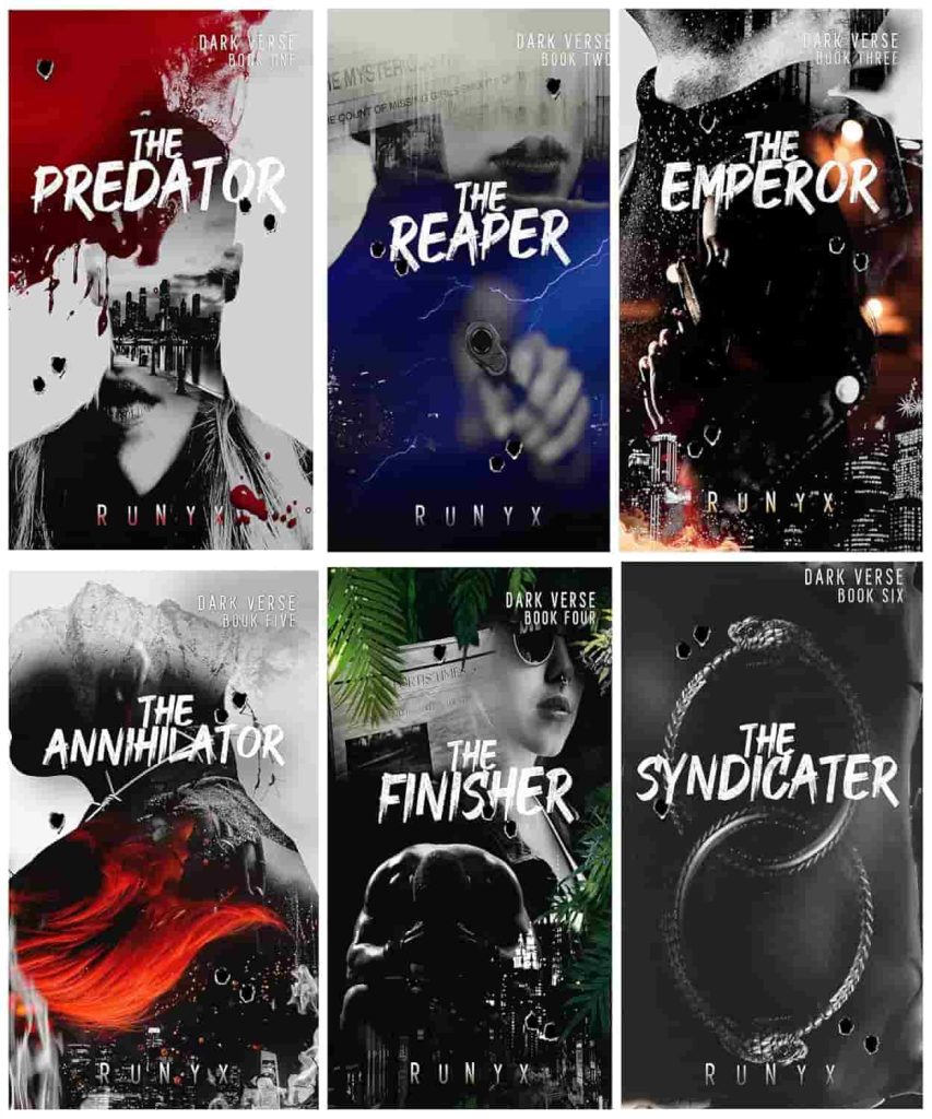 Six book covers from the "Dark Verse" series by Runyx. Each cover features a dark, mysterious theme with titles like "The Predator" and "The Reaper." Elements like cityscapes, abstract imagery, and intense colors convey a suspenseful and thrilling tone.