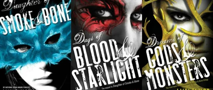 Three book covers feature dramatic masks: blue for "Smoke & Bone," red for "Blood & Starlight," and yellow for "Gods & Monsters," with intense eyes visible.