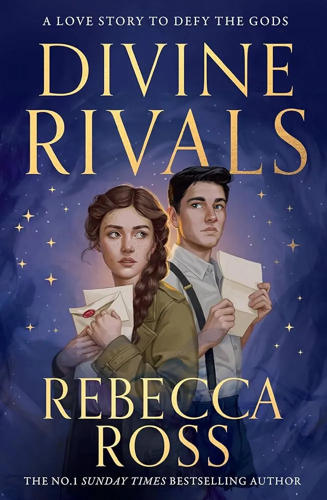 Cover of "Divine Rivals" by Rebecca Ross, featuring a mystical design with bold colors and intriguing typography.