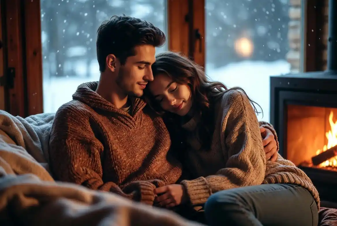 A couple in cozy sweaters cuddles on a sofa by a glowing fireplace, with snow falling gently outside a window, creating a warm, intimate winter scene.
