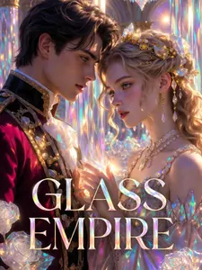 Two elegantly dressed figures, a man in a royal outfit and a woman with jewels, gaze at each other amidst shimmering lights. Text reads "Glass Empire."