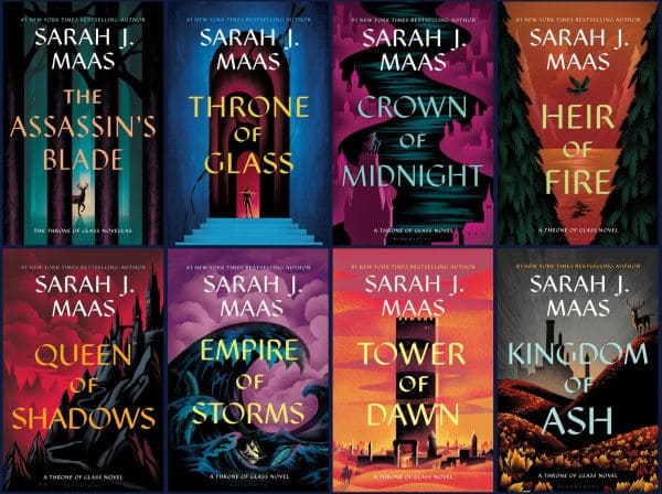 Collection of eight "Throne of Glass" book covers by Sarah J. Maas. Each features a silhouetted figure and fantasy landscapes in vibrant colors, conveying an epic, adventurous tone.