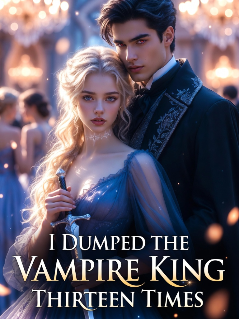 A whimsical illustration of a character humorously declaring they dumped the vampire king thirteen times.