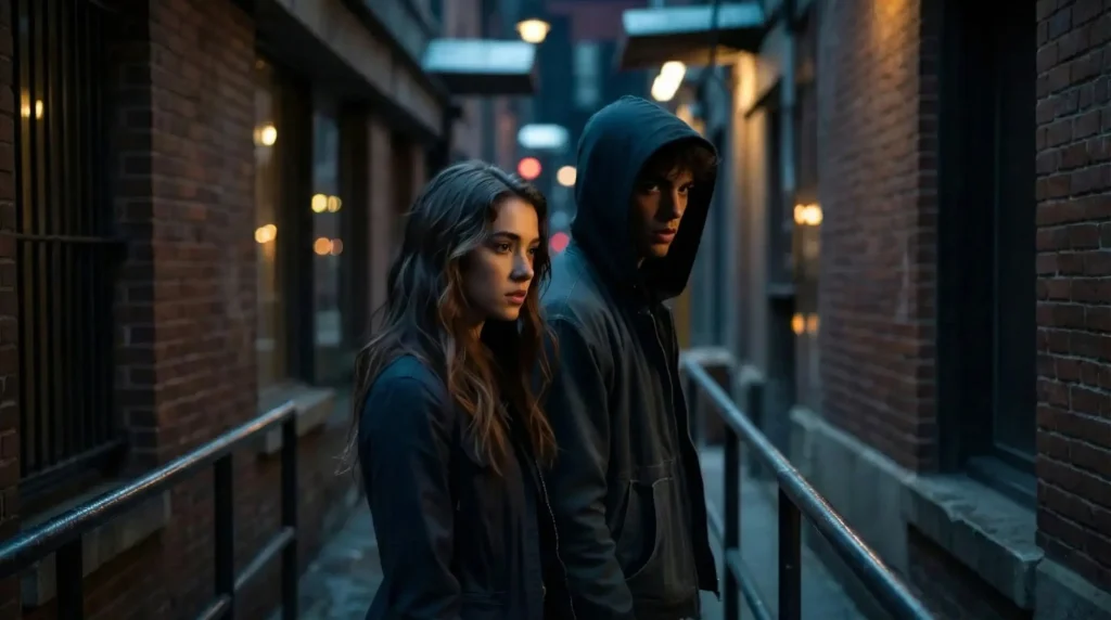 Two individuals stand in a dimly lit alley at night, surrounded by shadows and urban surroundings.