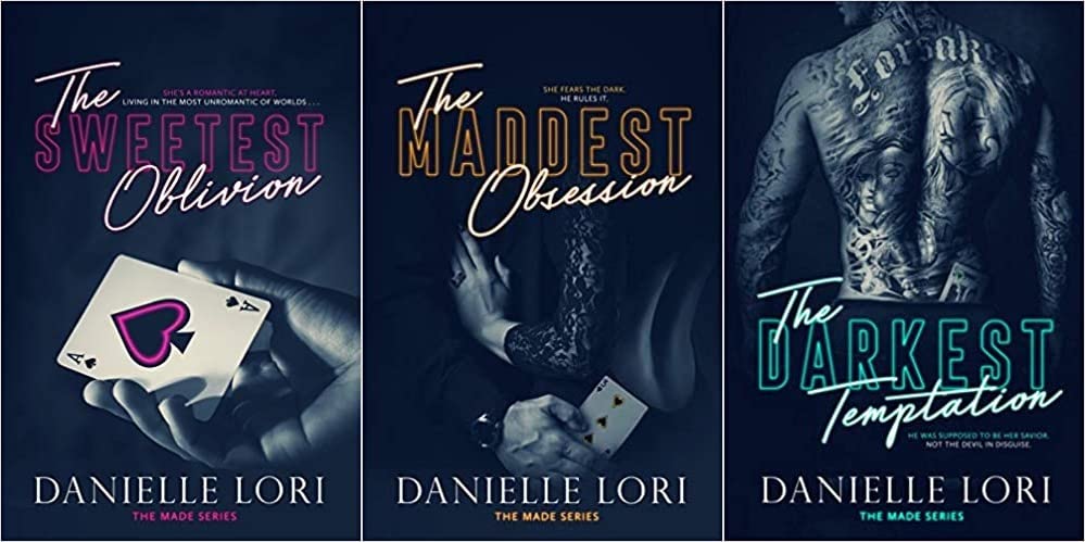 Three dark-themed book covers from "The Made Series" by Danielle Lori. Each features a title with varying colors and shadowed images hinting at romance and intrigue.
