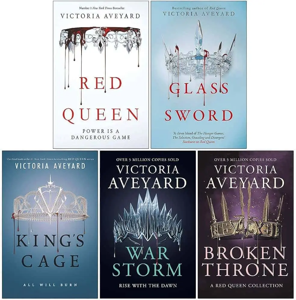 Cover collage of five Victoria Aveyard books from the "Red Queen" series, featuring regal crowns on each. Titles: Red Queen, Glass Sword, King's Cage, War Storm, Broken Throne.