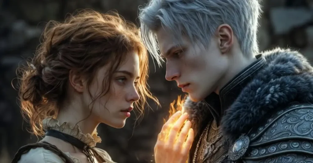 Featuring a girl with fire glowing from her hand, standing in front of a knight