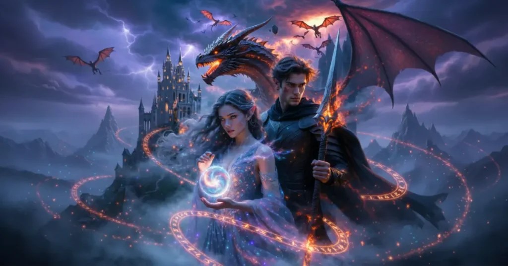 Featuring a princess, a knight and a dragon in a fantasy landscape.