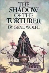 Cover of "The Shadow of the Torturer" by Gene Wolfe. Features a hooded figure holding a sword on a fantastical platform, set against a cloudy sky. Mysterious and dark tone.