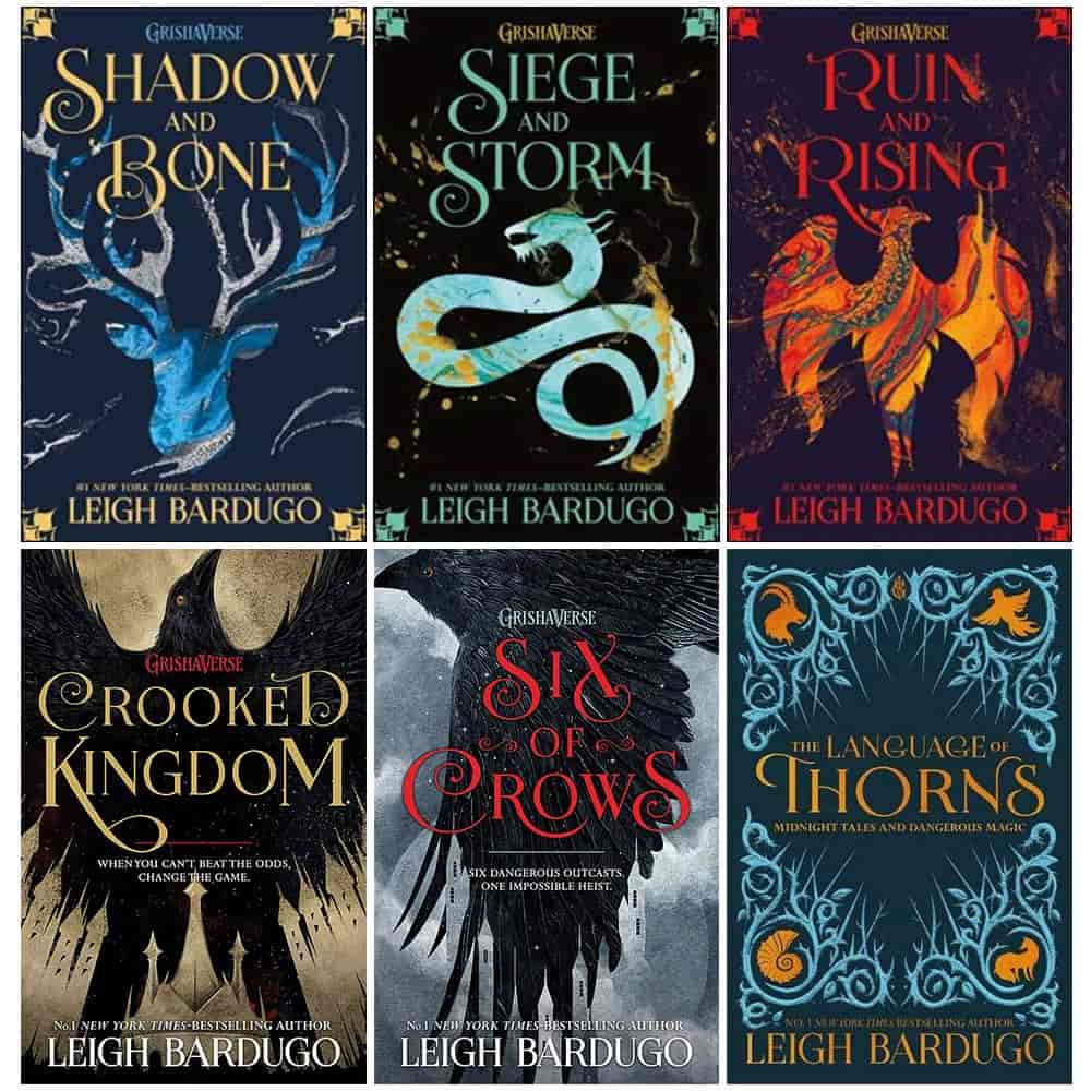 A collection of six book covers from the Grishaverse series by Leigh Bardugo, featuring bold colors and mythical creature illustrations, conveying a sense of mystery and fantasy.