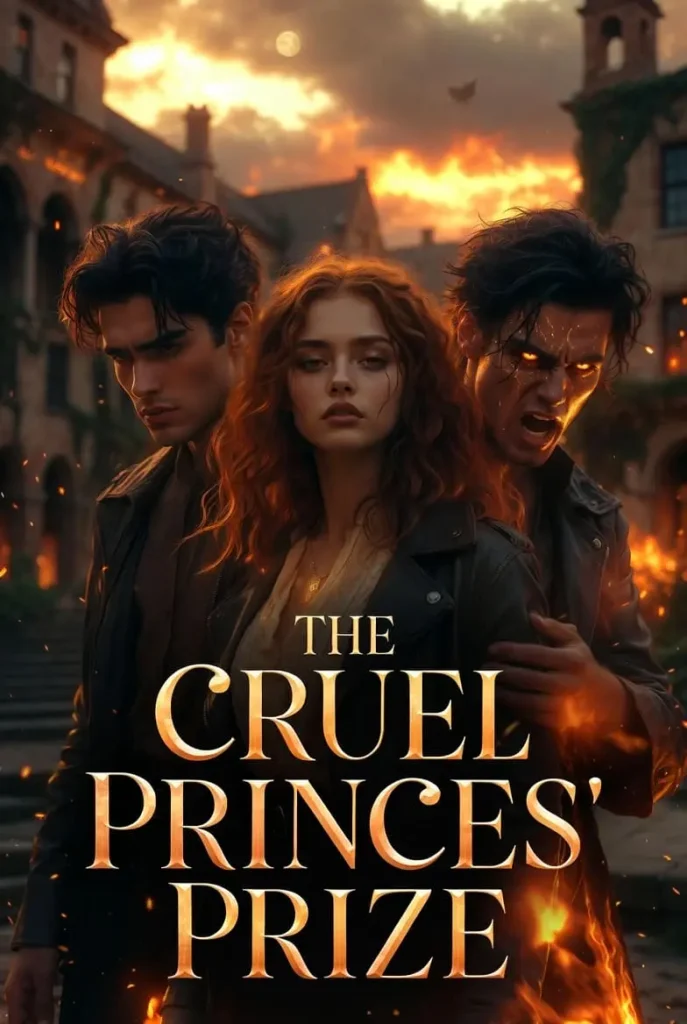 A young woman with long curly hair stands between two men in a dramatic sunset setting. One man looks down, the other appears angry. Fire surrounds them. Text reads "The Cruel Princes' Prize."
