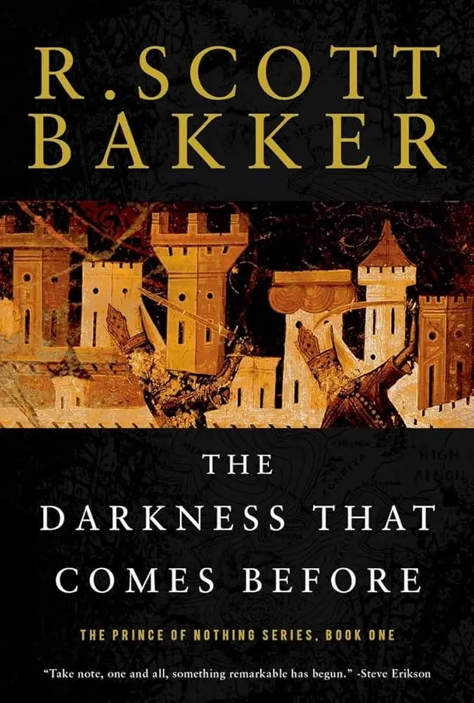 Book cover for "The Darkness That Comes Before" by R. Scott Bakker. Features a medieval castle illustration against a dark background, conveying a mysterious tone.