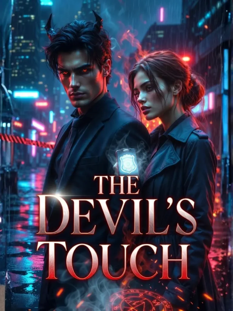 Two figures stand in a rainy, neon-lit city. The man has horns and red eyes, exuding a mysterious aura. The woman, in a dark coat, looks determined. The title "The Devil's Touch" glows below.