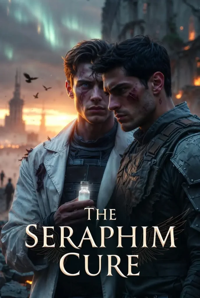 Two serious men with scars stand in a post-apocalyptic cityscape at sunset. One holds a glowing vial. “The Seraphim Cure” is written in bold letters.