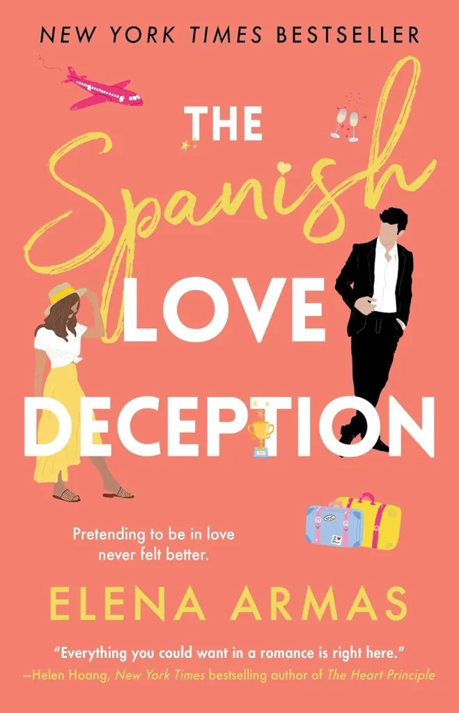 Book cover of "The Spanish Love Deception" by Elena Armas features a stylish couple on a coral background with travel elements like a plane and luggage.