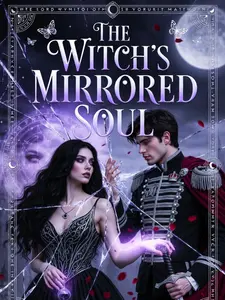 Cover for "The Witch's Mirrored Soul": A woman in black with glowing magic in hand stands beside a man in a military jacket, shattered glass and mystical moon in the background, creating a mysterious, magical atmosphere.