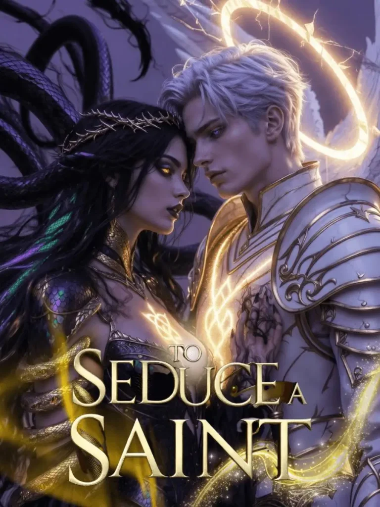 A dark-haired woman with glowing eyes leans toward a man in golden armor, whose expression is serious. A luminous halo encircles him. Text: "To Seduce a Saint".
