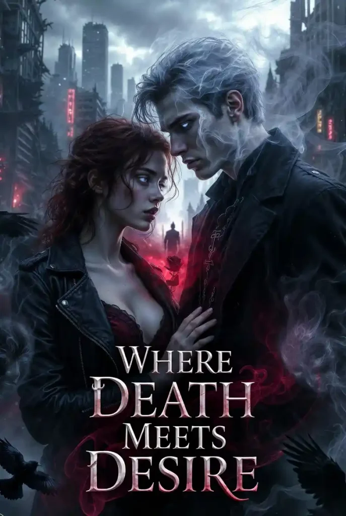 A gothic couple in a misty, dark urban setting, looking intensely at each other. The scene evokes mystery and passion. Text reads, "Where Death Meets Desire."