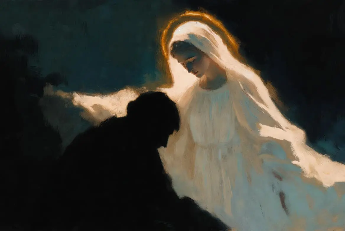 The Virgin Mary holding baby Jesus, both depicted with serene expressions in a soft, warm light.