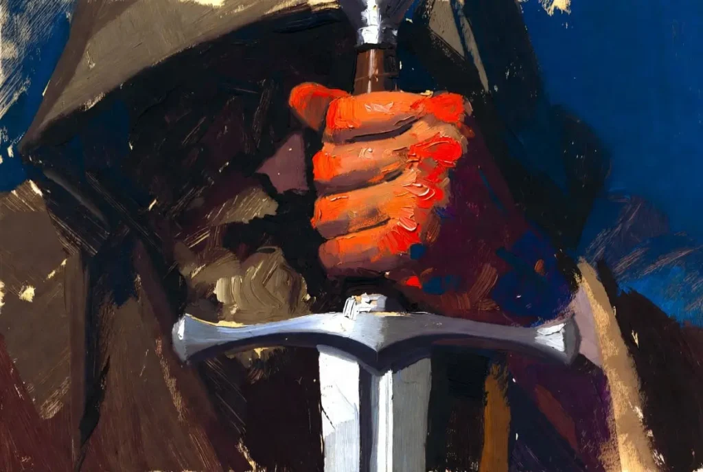 A mysterious figure in a hooded cloak grips a gleaming sword. The bold brushstrokes and warm colors create a dramatic and intense atmosphere.