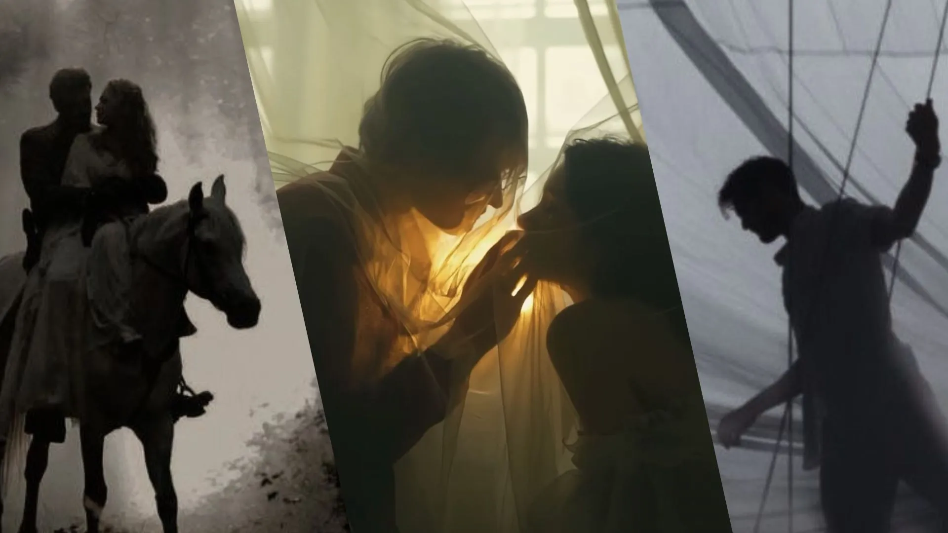 A triptych image: Left, silhouettes of a couple on horseback; center, two people underneath a glowing cloth, creating an intimate moment; right, a silhouette of a person surrounded by sheer fabric, evoking a sense of mystery and softness.