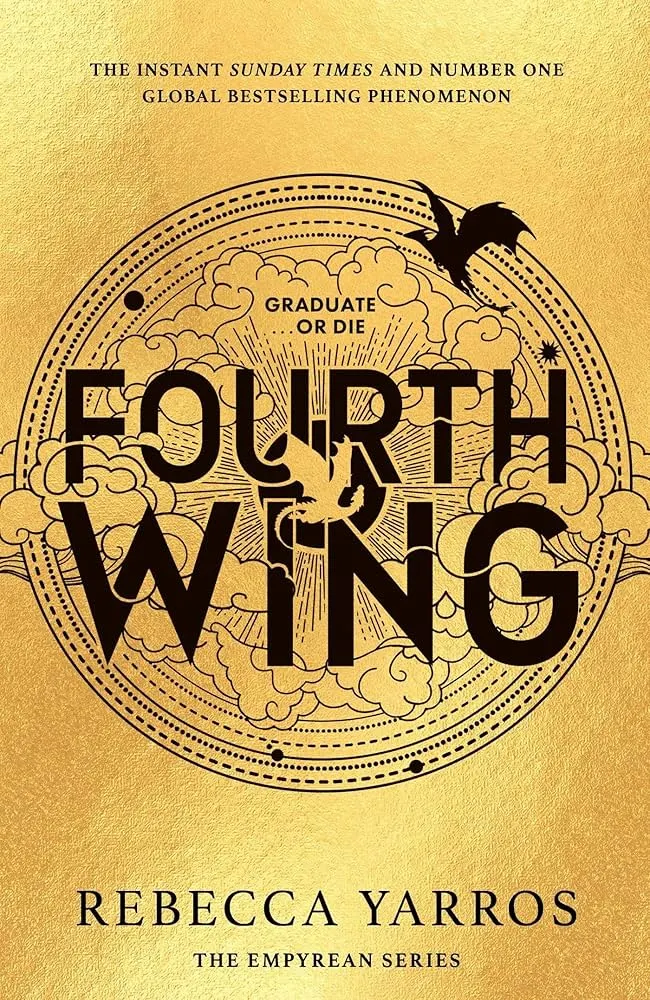 Cover of "Fourth Wing" by Rebecca Yarros, featuring a dramatic fantasy design with bold colors and intricate artwork.