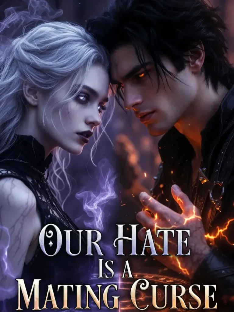 A mysterious fantasy scene with a pale woman with white hair and a dark-haired man facing each other intensely. Glowing light emanates from their hands, creating tension. The text reads, "Our Hate Is a Mating Curse," capturing the theme of forbidden love and danger.