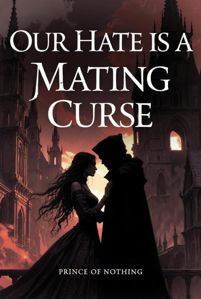 Dark, gothic cover of "Our Hate is a Mating Curse" depicts a silhouetted couple facing each other in front of ominous spires under a fiery sky.