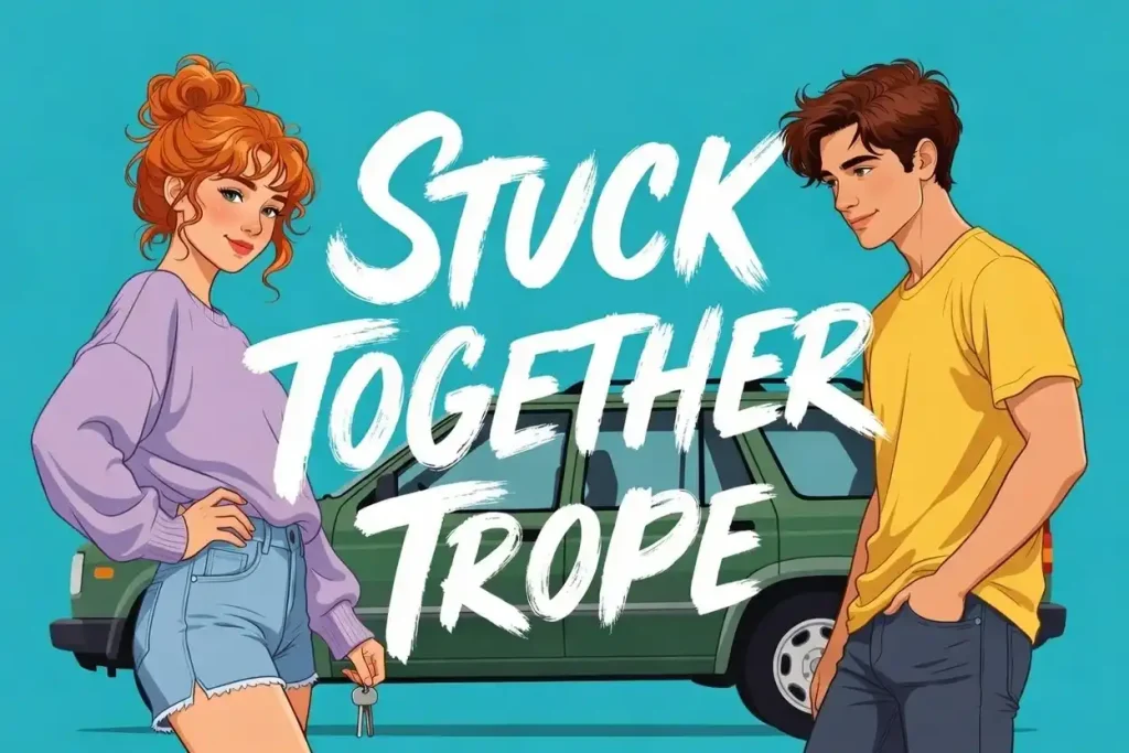 Illustration of a smiling woman and man standing near a green car, with "Stuck Together Trope" in bold white letters. Playful, romantic vibe.