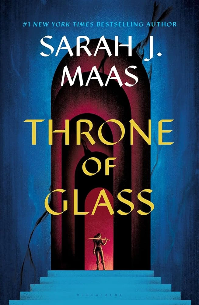 Cover of the novel "Throne of Glass" by Sarah J. Maas, featuring a fantasy-themed design with a central character.