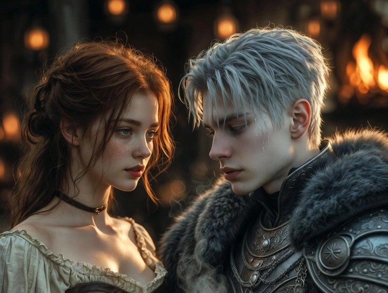 A young man and woman in colorful medieval attire, standing together with smiles in a historical setting.